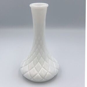 Vintage White Milk Glass Bud Vase Diamond Quilted Pattern Mid Century Decor